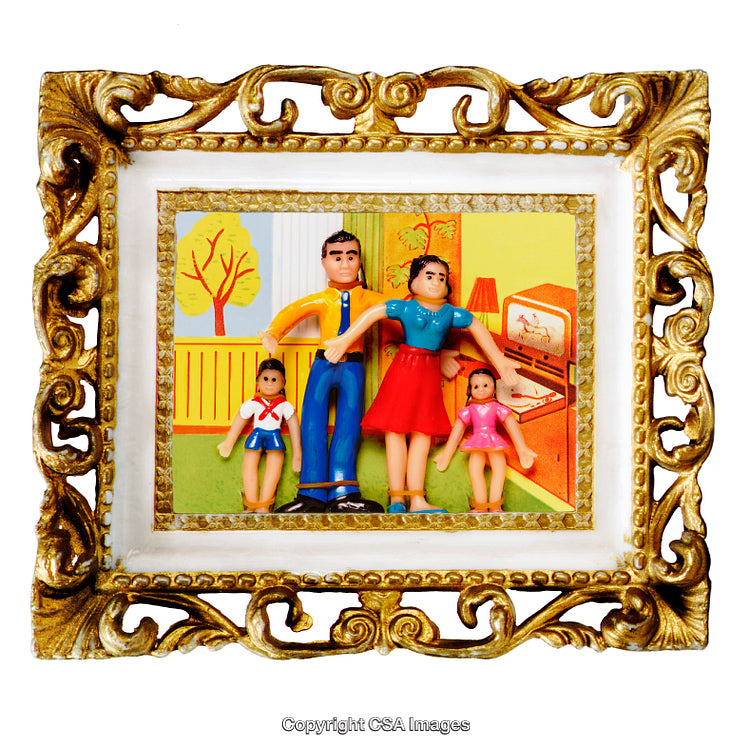 Colorful Framed Artwork of a Toy Family Inside a Gold Ornamental Frame