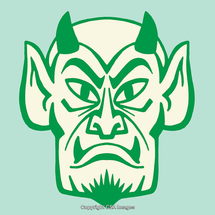 Green Line Art Illustration of a Mythical Devil Face on Light Blue