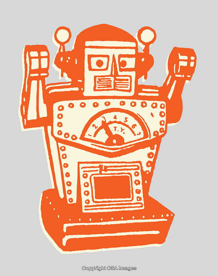 Stylized Illustration of a Retro Robot in Vintage Orange Shades