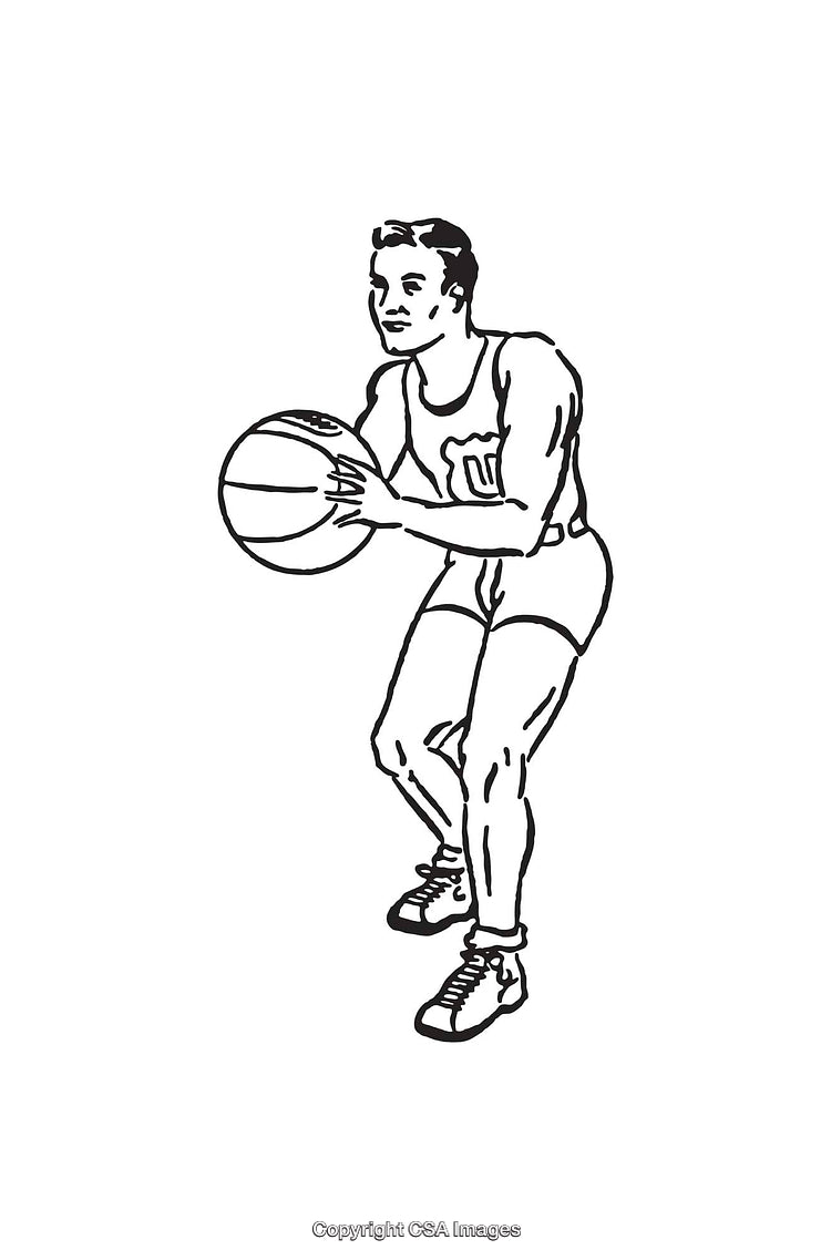 Vintage Black and White Line Art Illustration of Basketball Player in Action