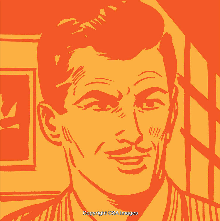 Vintage Illustration of a Smiling Man in Bold Orange Tone Artwork