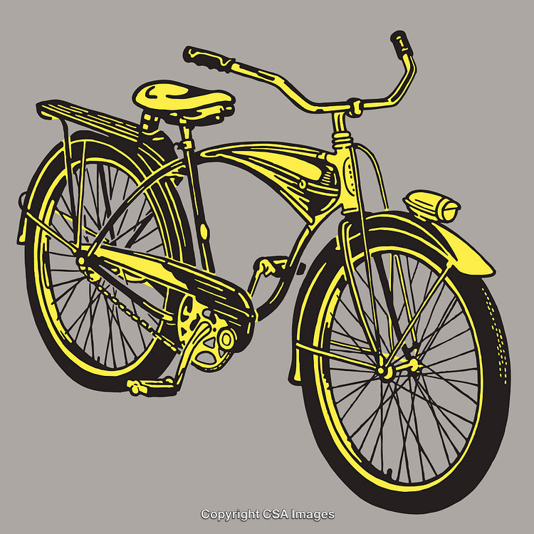 Vintage Bicycle Line Art Illustration with Yellow Accents in Retro Style