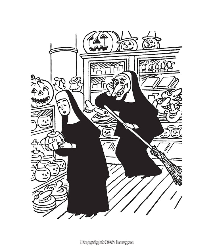 Humorous Black and White Illustration in Halloween-Themed Setting