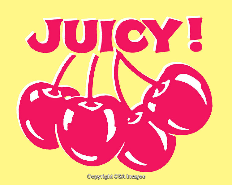 Bright Graphic of Vibrant Cherries with Juicy Text on Yellow Background