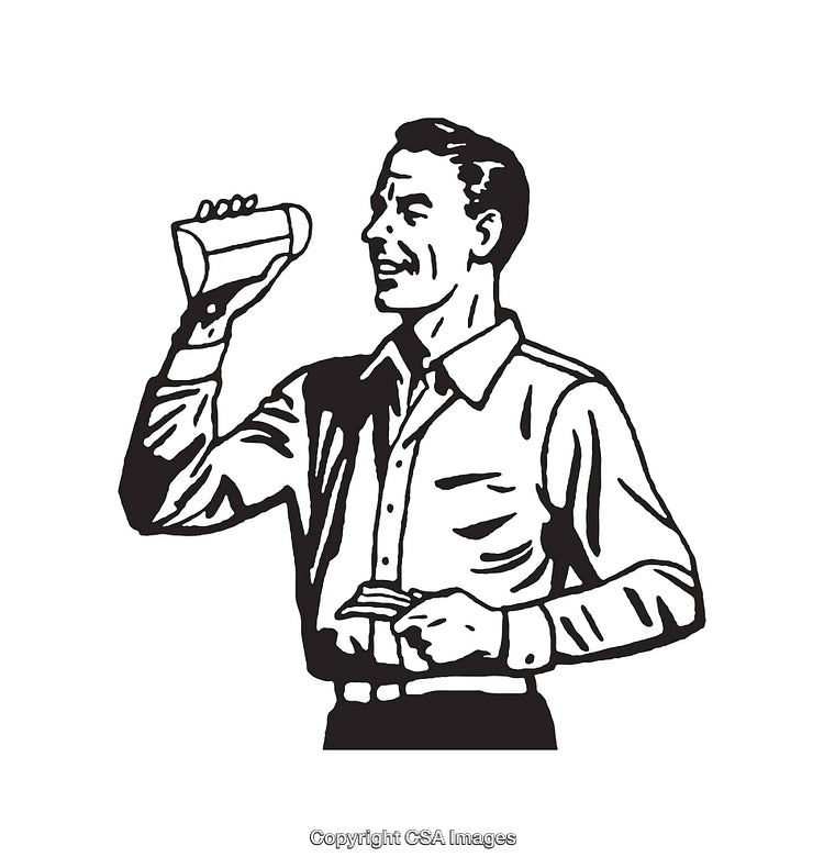 Vintage Line Art of a Man Holding a Bottle and Smiling