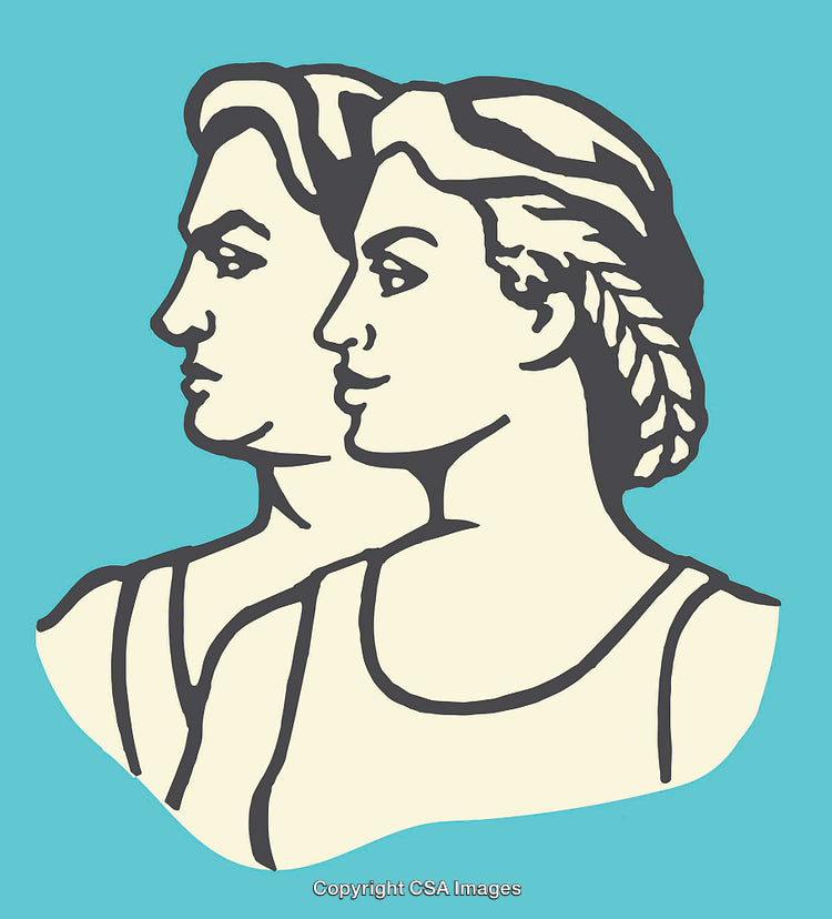 Line Art Illustration of Two People in Profile on a Blue Background
