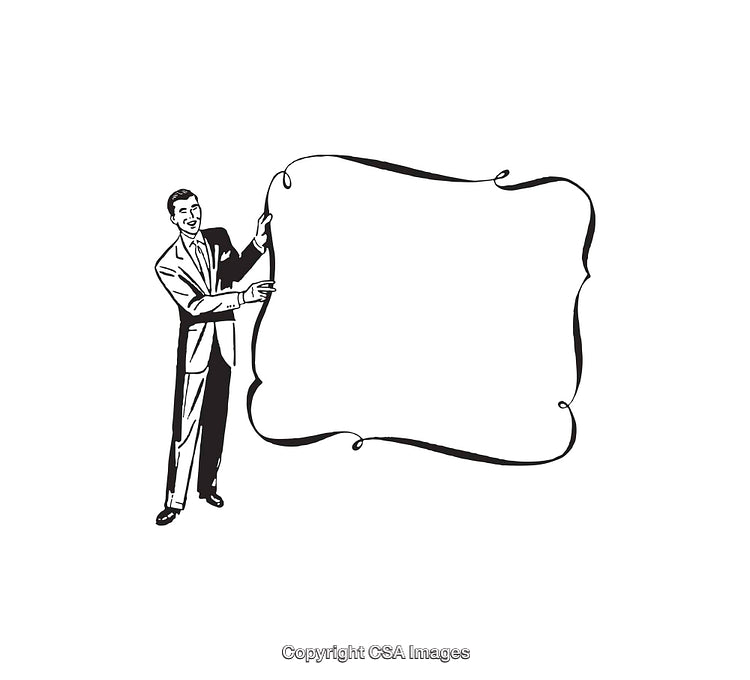 Vintage Illustration of a Man Presenting a Blank Decorative Frame