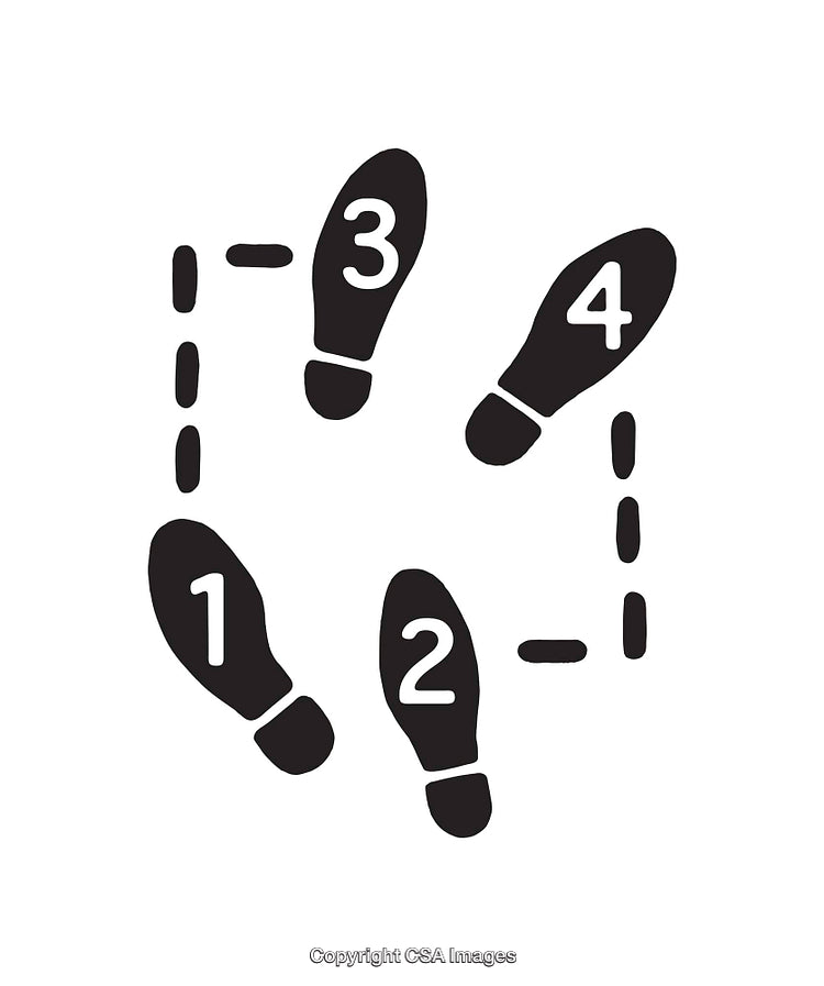 Black and White Dance Step Diagram with Numbered Footprint Instructions