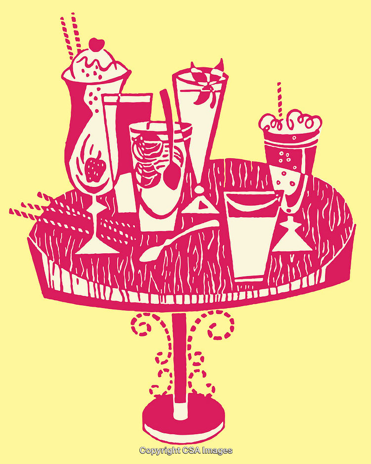 Colorful Tabletop with Vintage Glasses and Drinks in Line Art Style