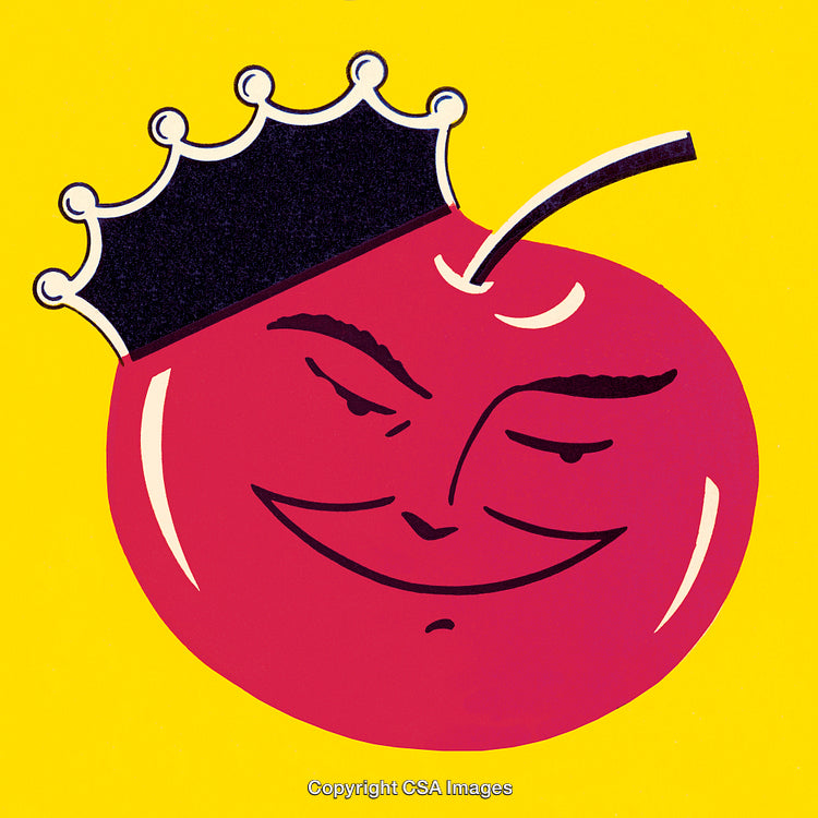 Smirking Cherry with Royal Crown on Vibrant Yellow Background Art