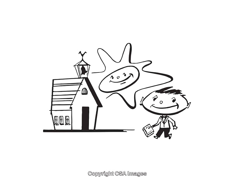 Black and White Line Art Depicting School and Happy Child
