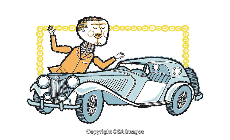 Retro Style Illustration of Man Admiring Vintage Car with Yellow Frame Art