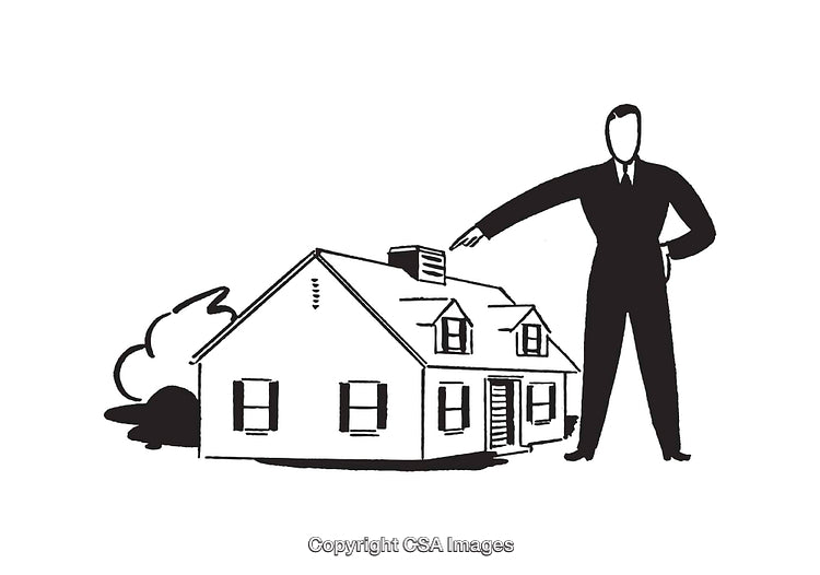 Illustration of a Businessman Pointing to a House in Line Art