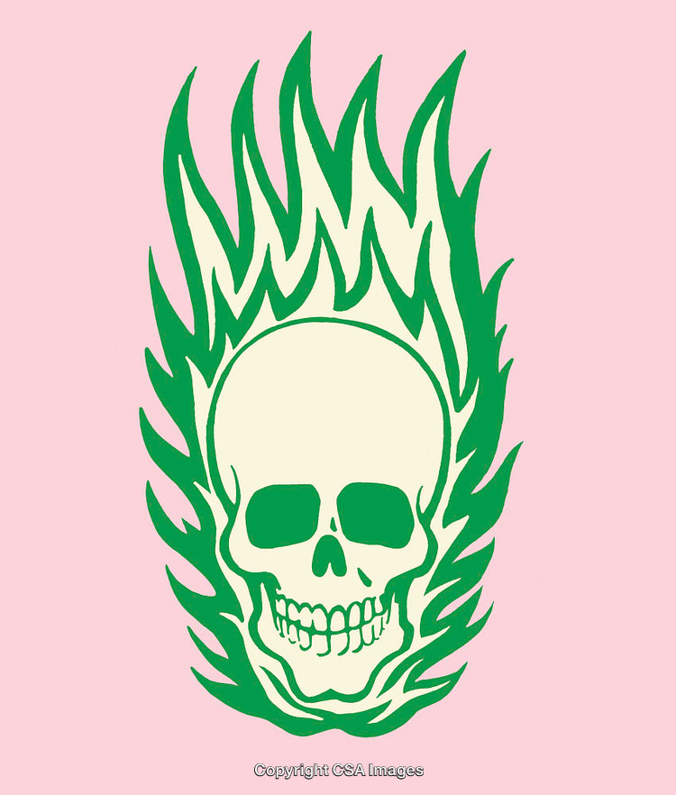 Colorful Flaming Skull Illustration on Pink Background with Graphic Style