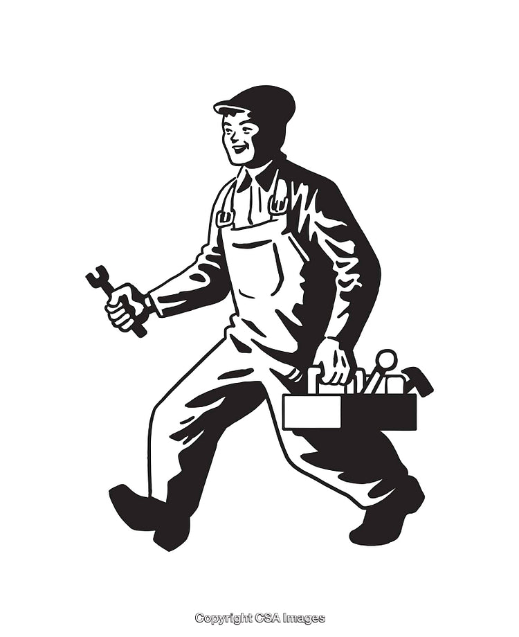 Black and White Illustration of a Handy Worker with Tools On the Go