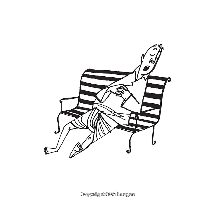 Black and White Line Art of Relaxed Man on Garden Bench