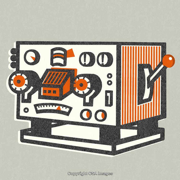 Retro Illustration of a Colorful Abstract Machine Panel with Dials and Levers