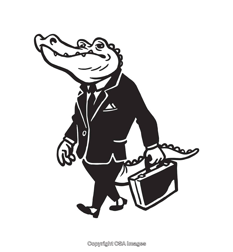 Humorous Line Art of Alligator in Suit Carrying a Briefcase
