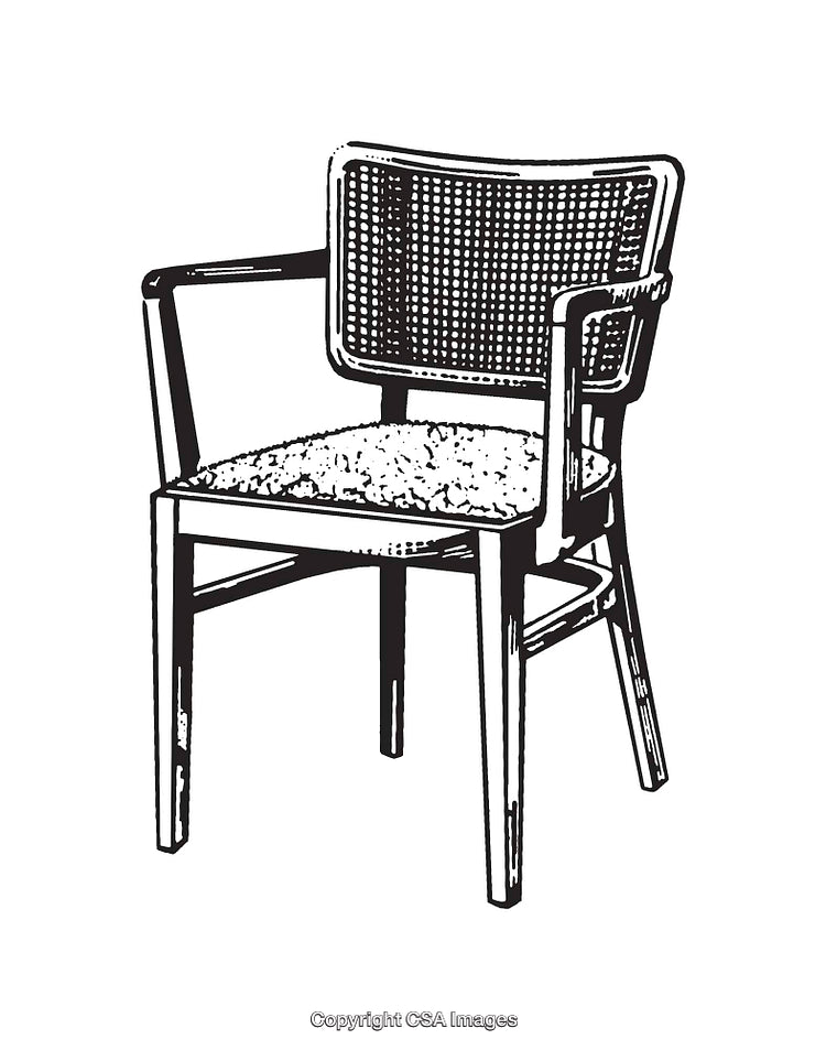 Black and White Illustration of a Classic Wooden Chair with Woven Backrest