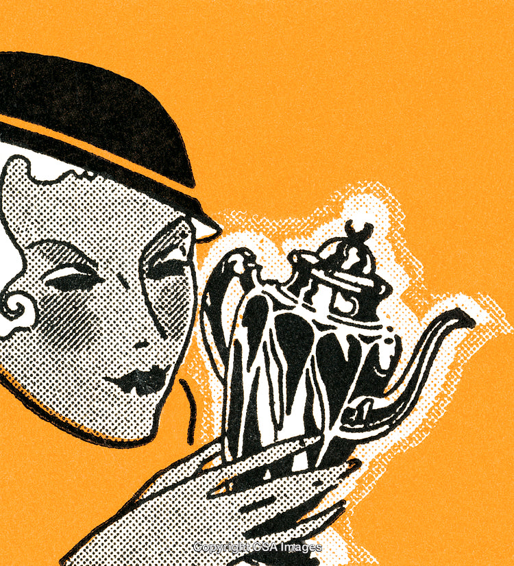Vintage Illustration of a Woman Holding a Decorative Teapot on Orange Background