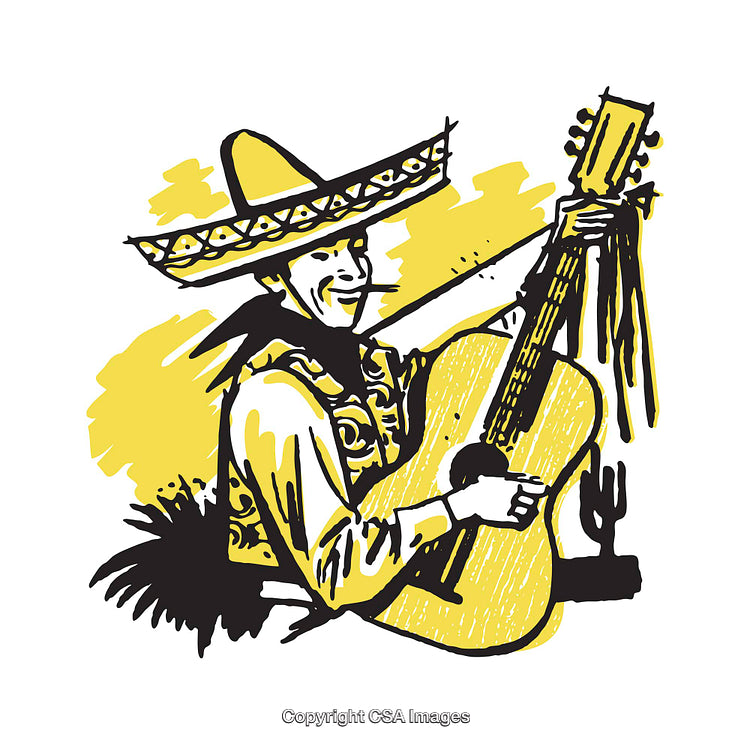 Colorful Illustration of a Mariachi Musician in Traditional Attire Playing Guitar