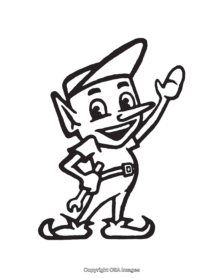Black and White Drawn Cartoon Character With Cheerful Expression and Tool