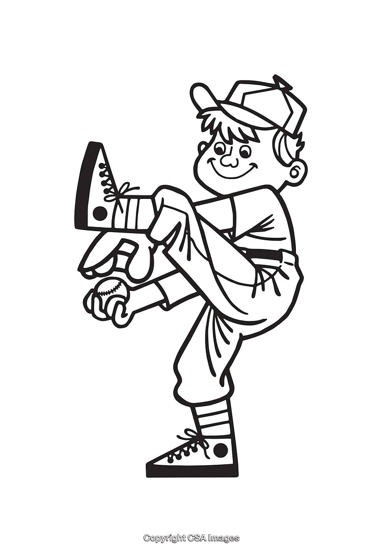 Black and White Line Art of a Youth Playing Baseball