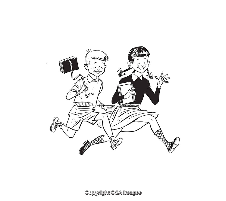 Vintage Black and White Illustration of Children Joyfully Running Together