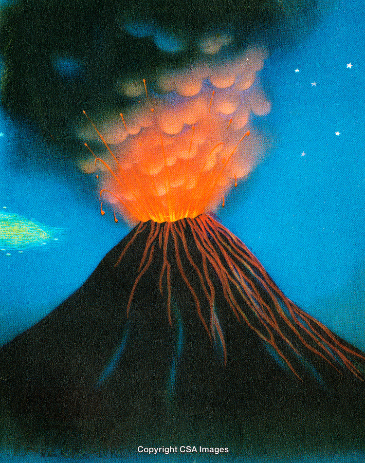 Eruption of a Volcano at Night with Bright Lava and Smoke