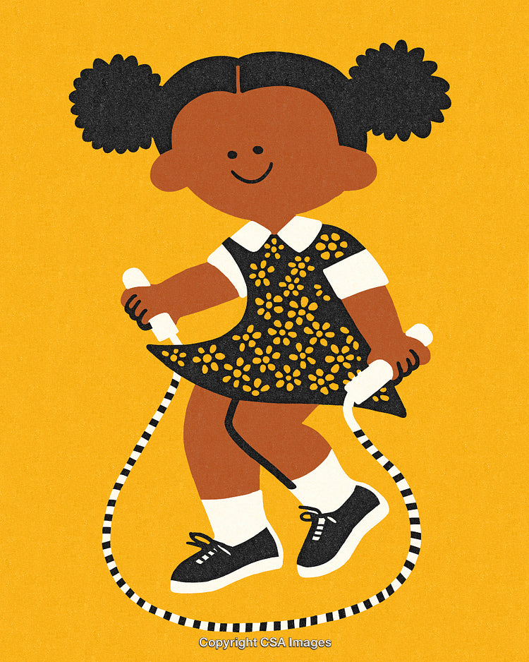 Illustration of a Happy Girl Skipping Rope on a Bright Yellow Background