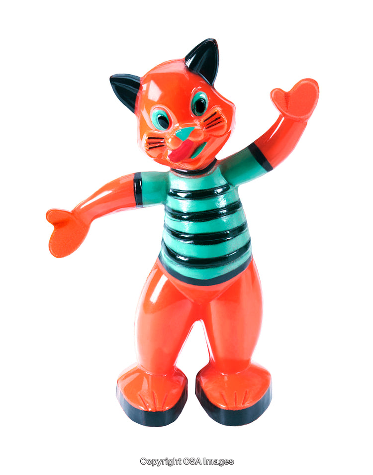 Bright Orange Plastic Toy Cat with Striped Shirt on White Background