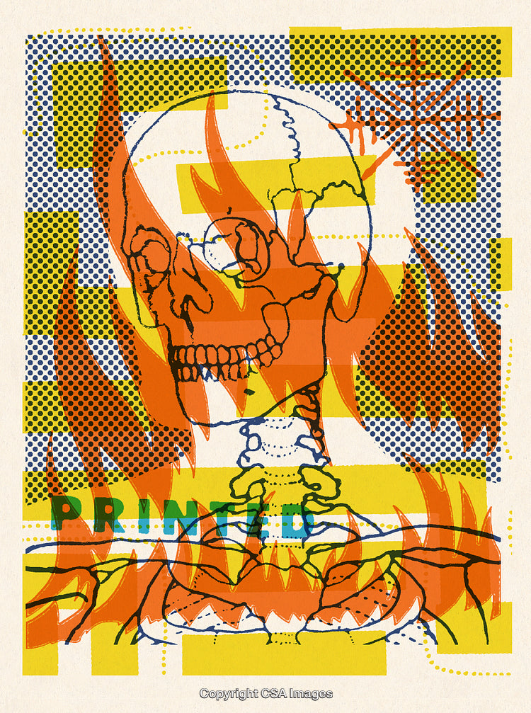 Vibrant Pop Art Skull Illustration with Flames and Halftone Details