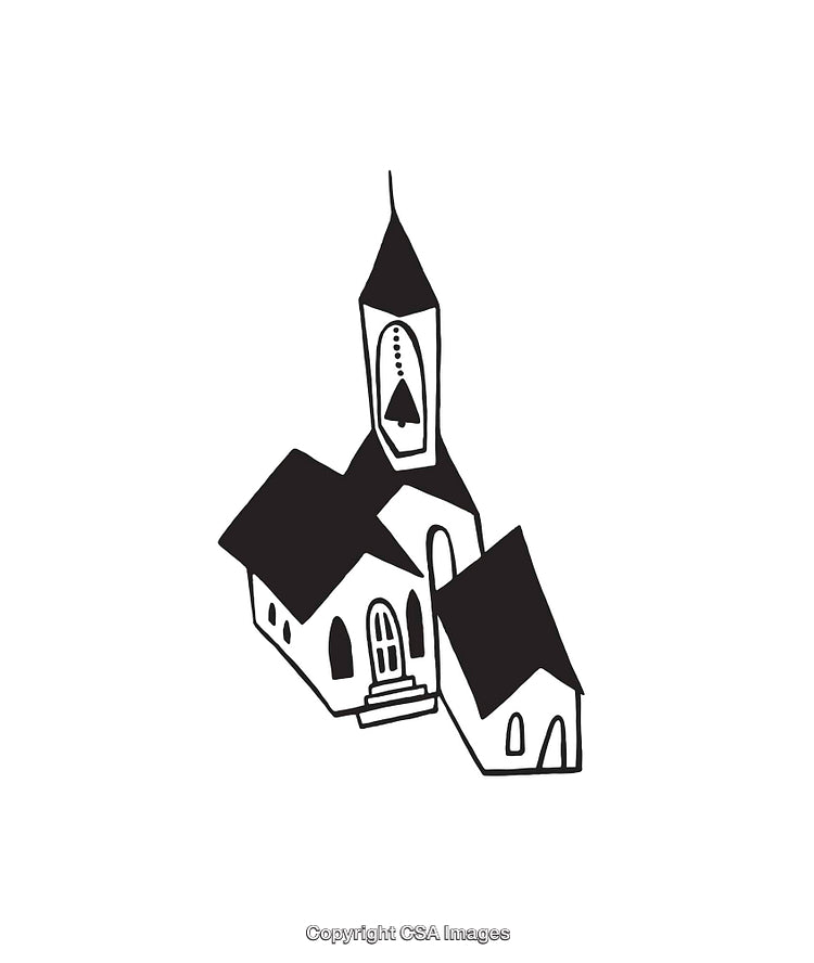 Black And White Illustration of a Church Building with Steeple