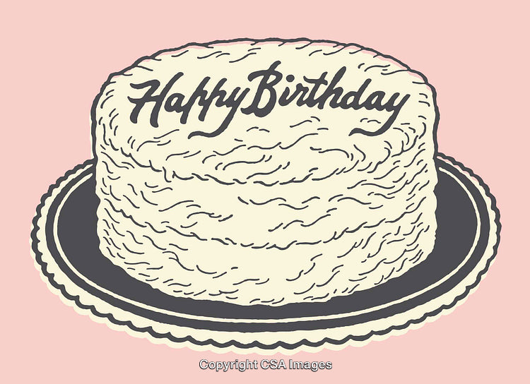 Illustrated Vintage Birthday Cake with Pink Background and Handwritten Text