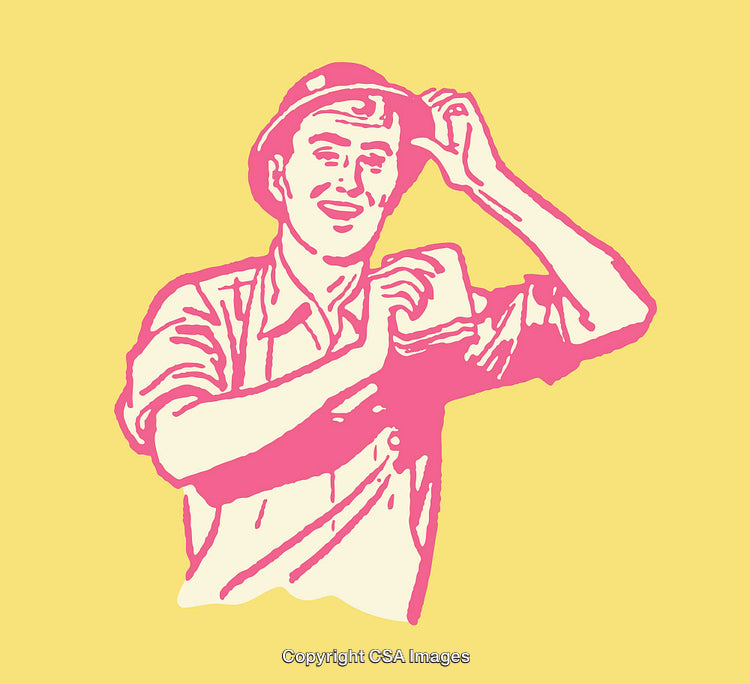 Pink Line Art of a Smiling Worker Astride a Yellow Background