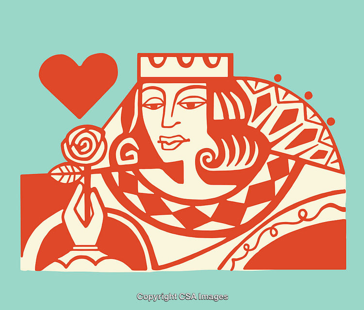 Queen of Hearts Color Illustration Featuring Red and Blue Vibrant Design