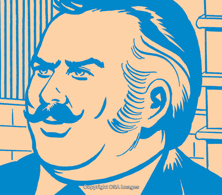Blue And Beige Illustration of a Man With a Mustache