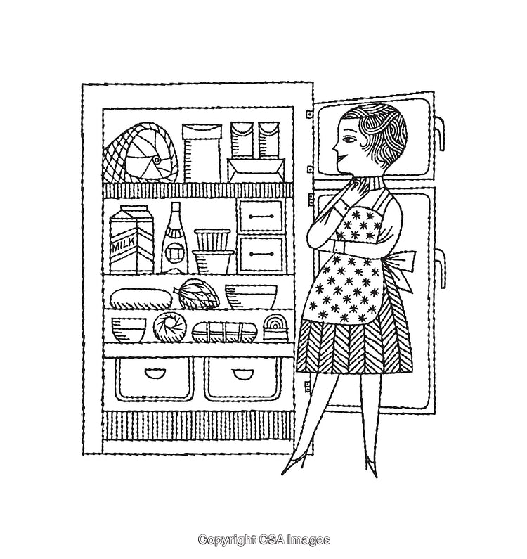 Woman Contemplating Refrigerator Contents in Detailed Line Art Illustration