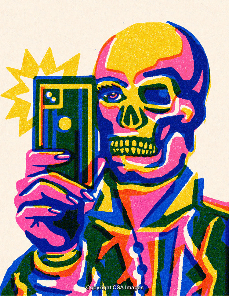 Vivid Abstract Skull with Smartphone in Bold Illustrative Style