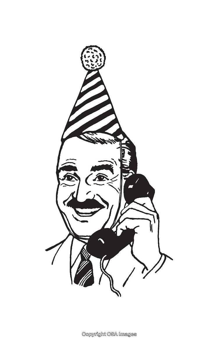 Vintage Illustration of a Smiling Man in Party Hat Using a Telephone