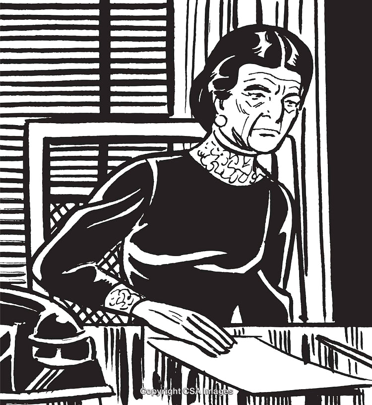 Monochrome Illustration of a Woman at a Desk With Thoughtful Expression