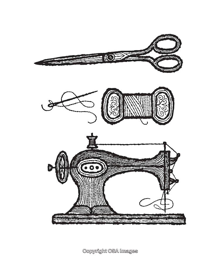 Vintage Line Art Depicting Sewing Machine and Tailoring Tools
