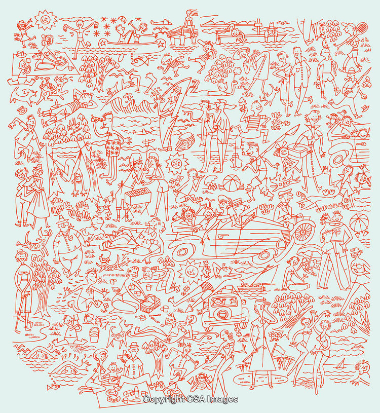 Illustrated Scenes of Relaxing Outdoor Activities in Line Art