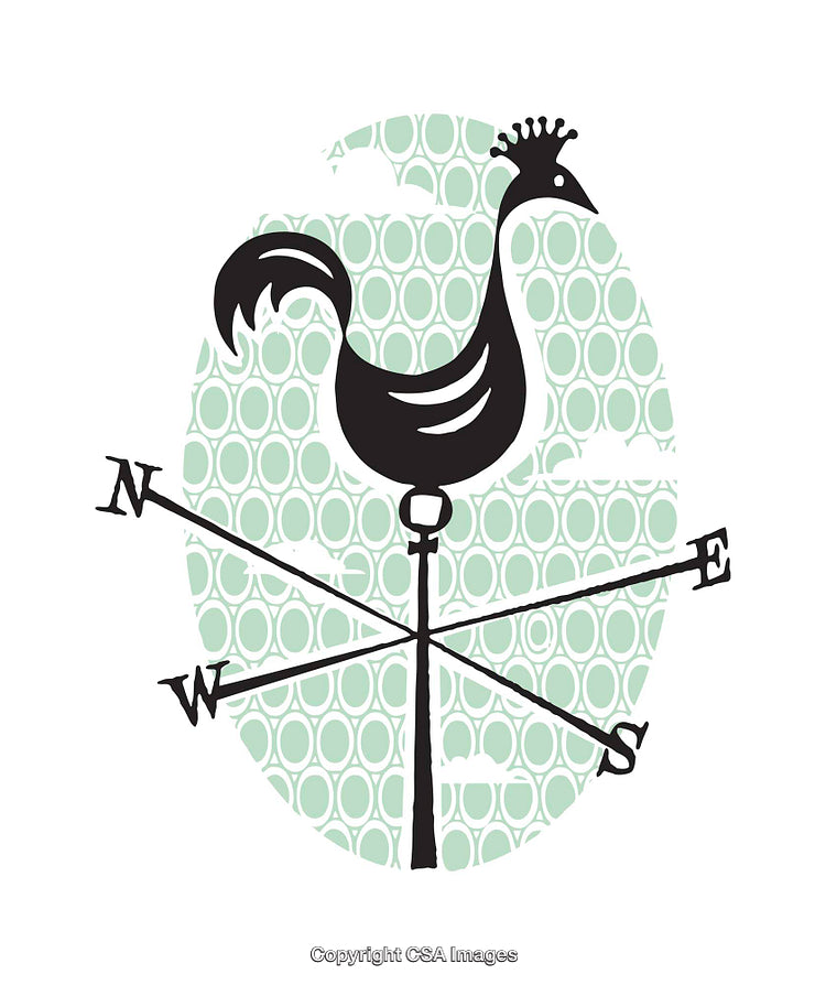 Vintage Style Weather Vane Illustration Featuring a Rooster and Cardinal Directions