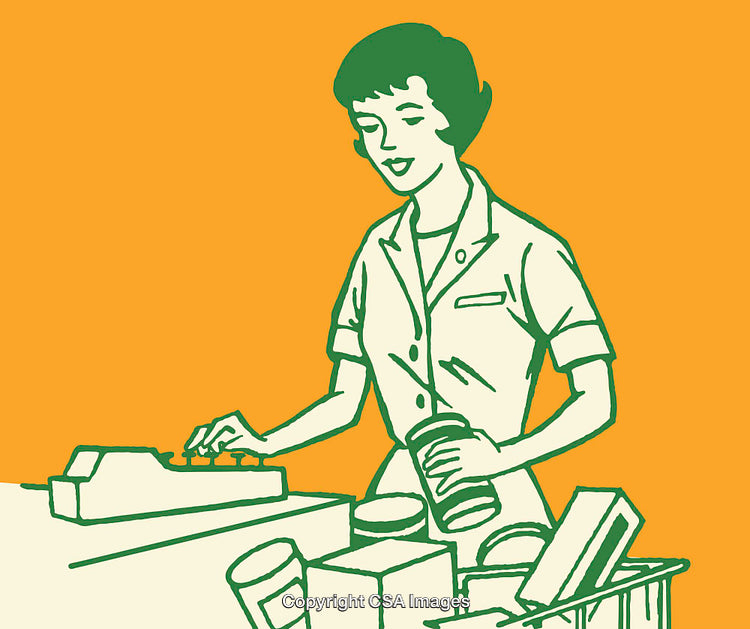 Vintage Illustration of a Cashier Handling Groceries at Checkout
