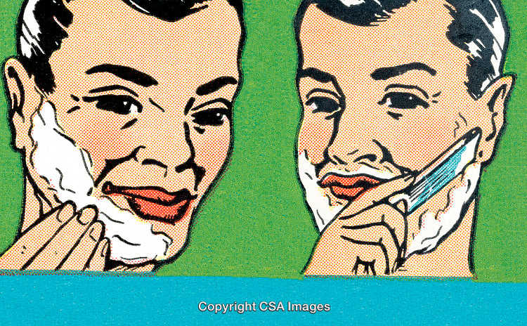 Vintage Illustration of Man's Shaving Routine with Cream and Razor