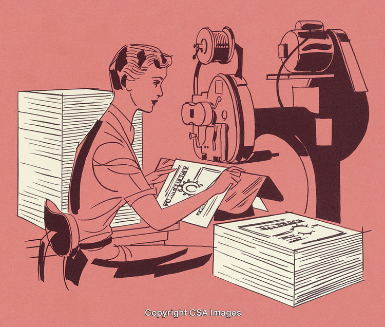 Vintage Illustration of Woman Operating Industrial Printing Equipment