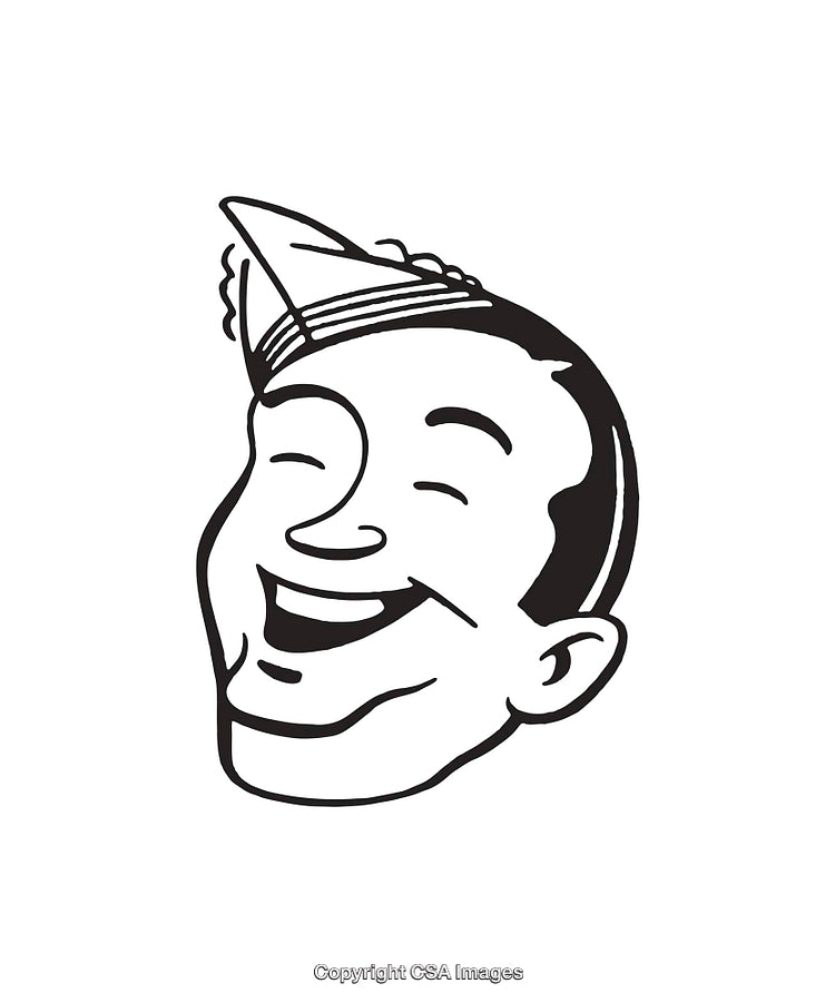 Black and White Line Art of Laughing Person Wearing a Party Hat