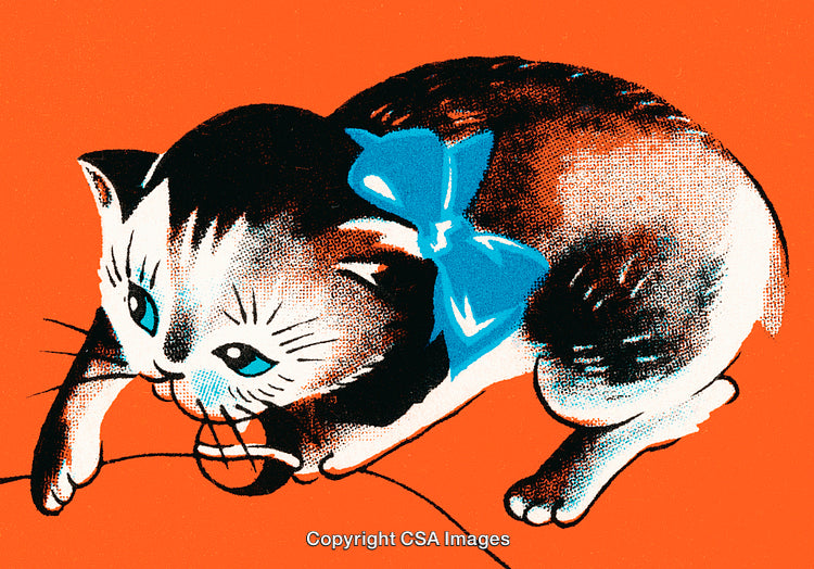 Charming Illustration of a Playful Kitten with a Bow on Vibrant Background