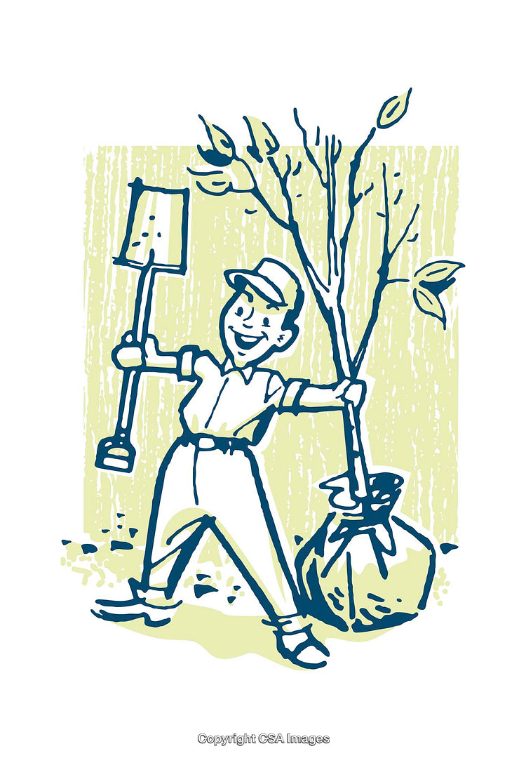 Illustration of a Cheerful Gardner Planting a Tree with a Spade